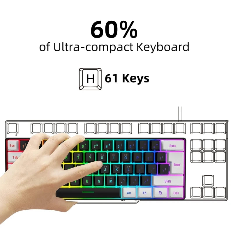 Gaming Keyboard, Quiet Computer Keyboard USB 61-Key Gaming Keypad Ergonomic Streamlined Design Keyboard