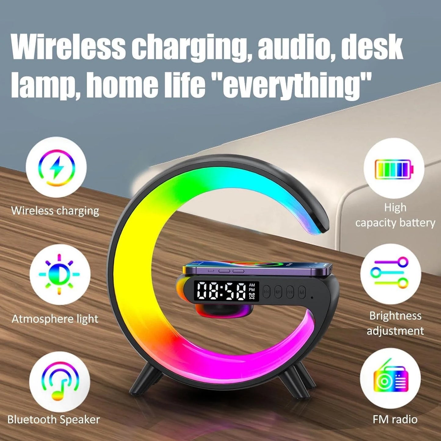 Wireless Charger Lamp Bluetooth Speaker Music Clock Alarm Key and APP Control